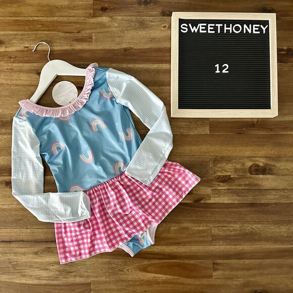 NWT SweetHoney Skirted Leotard Dusty Blue Rainbows Pink Gingham Long Sleeve 12 - Picture 1 of 6